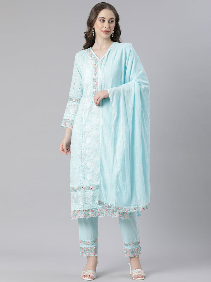 Neerus Blue Embroidered Straight Kurta and Trousers With Dupatta