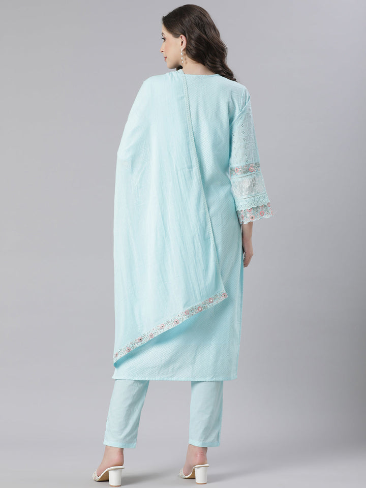 Neerus Blue Embroidered Straight Kurta and Trousers With Dupatta