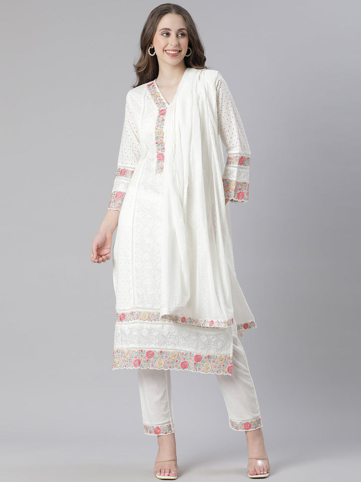 Neerus white Embroidered Straight Kurta and Trousers With Dupatta