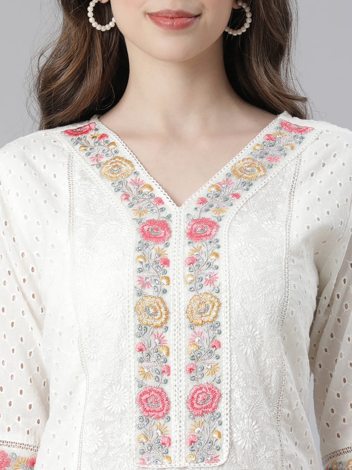 Neerus white Embroidered Straight Kurta and Trousers With Dupatta