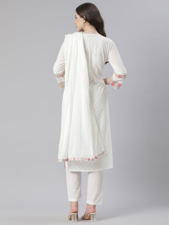 Neerus white Embroidered Straight Kurta and Trousers With Dupatta