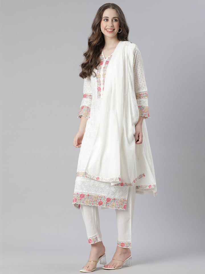 Neerus white Embroidered Straight Kurta and Trousers With Dupatta
