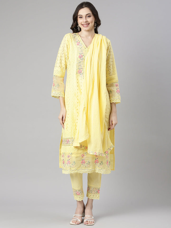 Neerus Yellow Solid Straight Kurta and Trousers With Dupatta