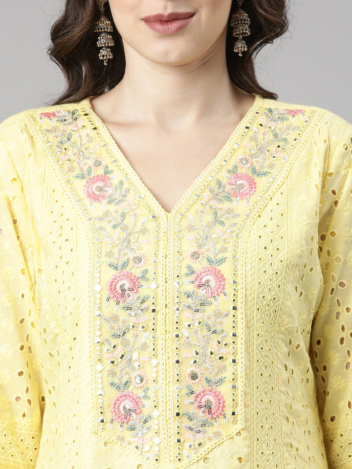 Neerus Yellow Solid Straight Kurta and Trousers With Dupatta