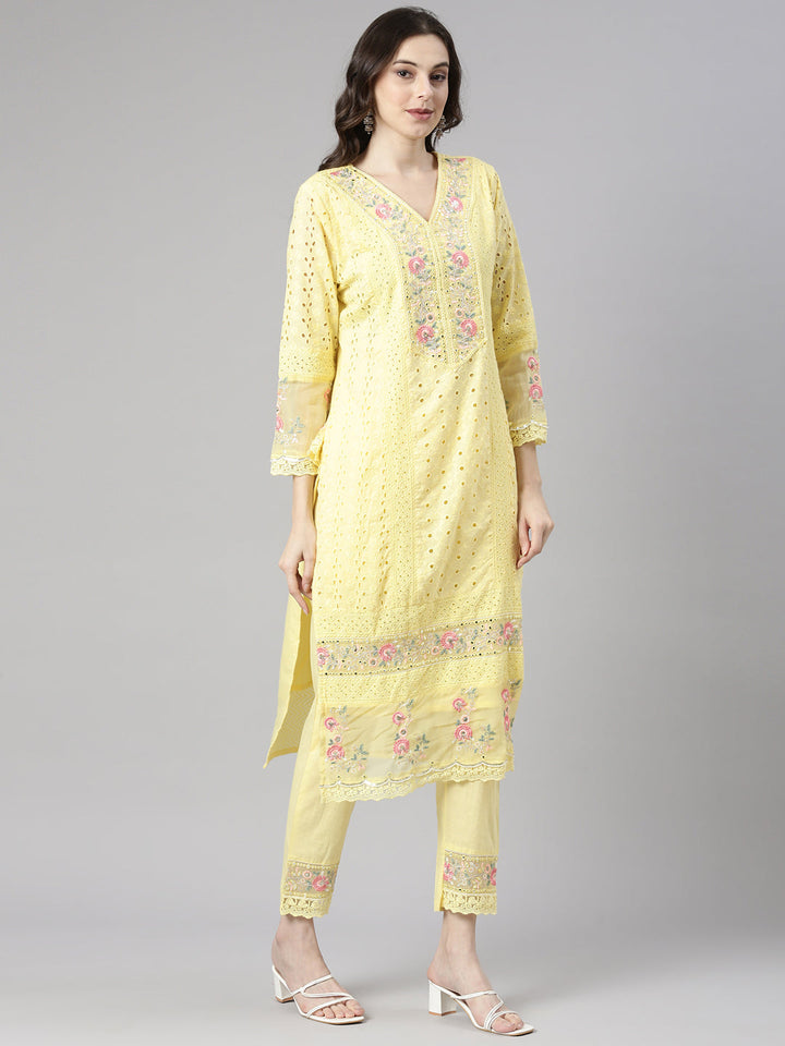 Neerus Yellow Solid Straight Kurta and Trousers With Dupatta