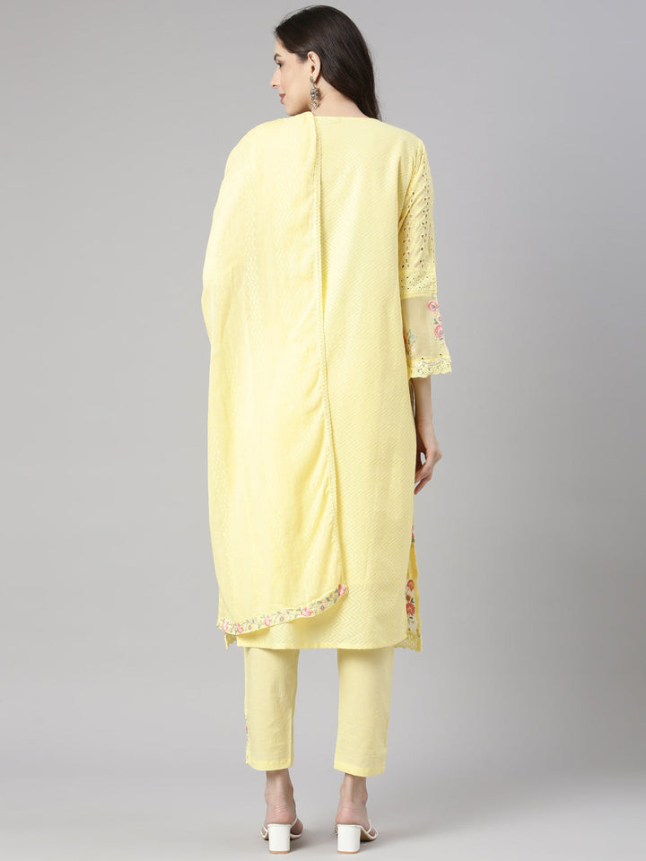 Neerus Yellow Solid Straight Kurta and Trousers With Dupatta