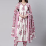 Neerus Pink Printed Straight Kurta and Trousers With Dupatta