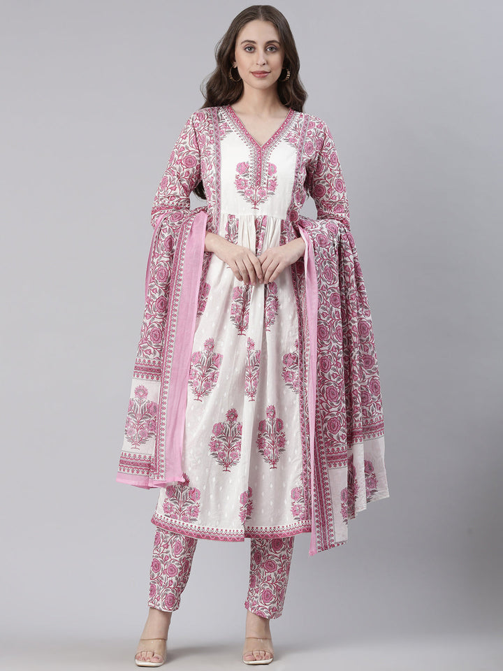 Neerus Pink Printed Straight Kurta and Trousers With Dupatta