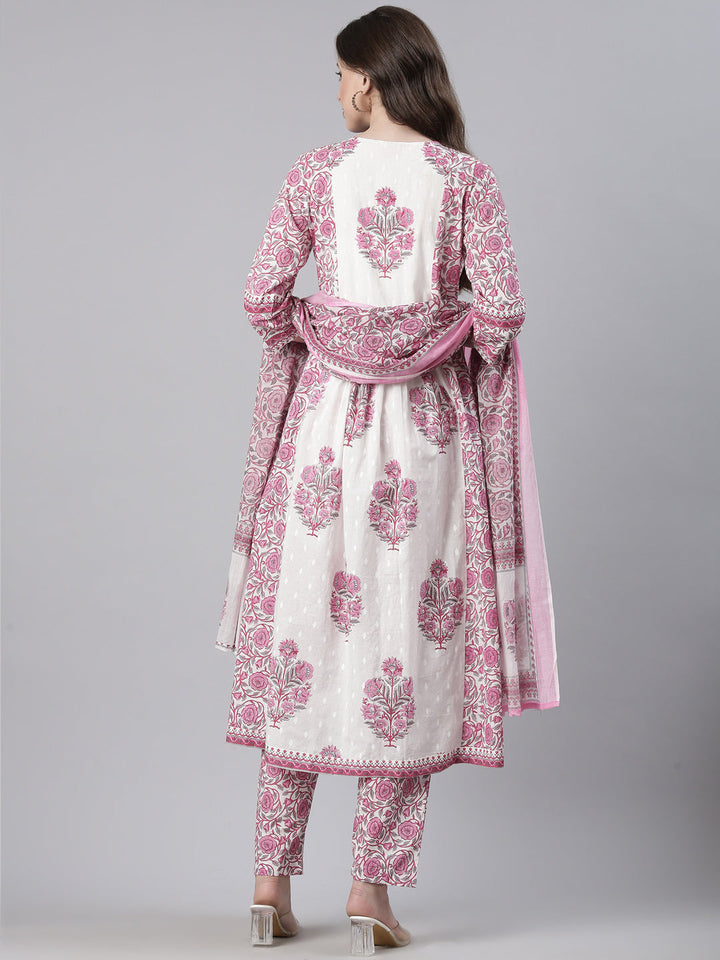 Neerus Pink Printed Straight Kurta and Trousers With Dupatta