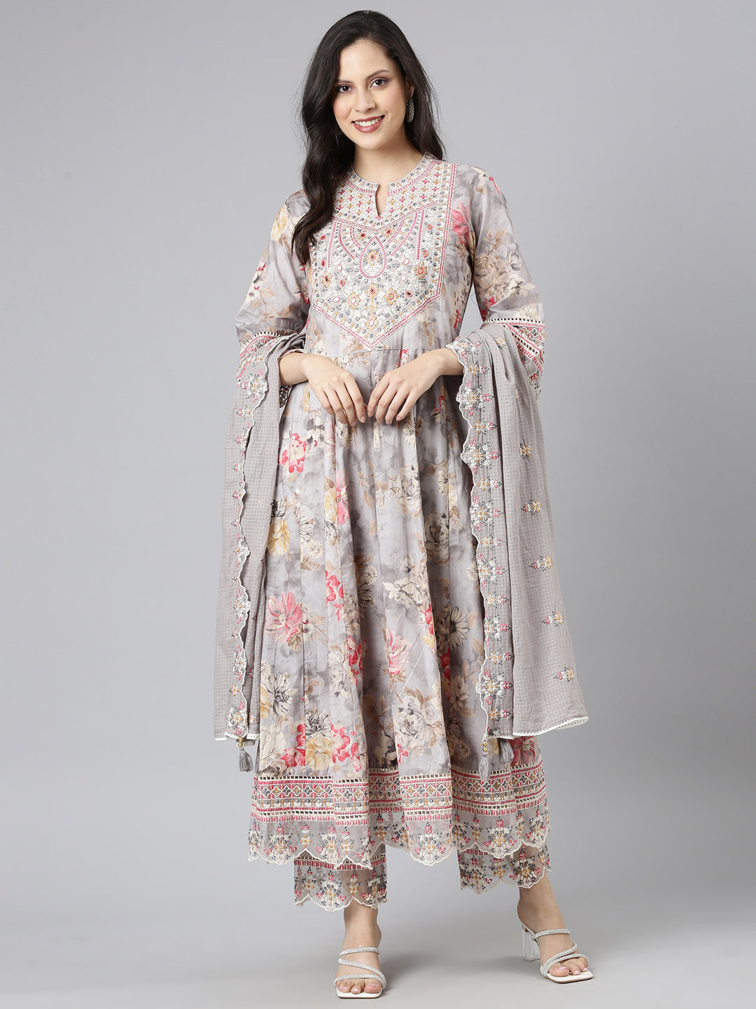 Neerus Grey cotton embroidered anarkali suit set - front view