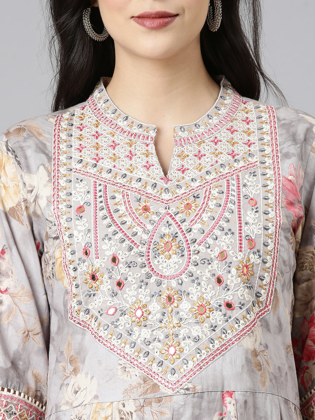 Neerus Grey cotton embroidered anarkali suit set - detail view 1