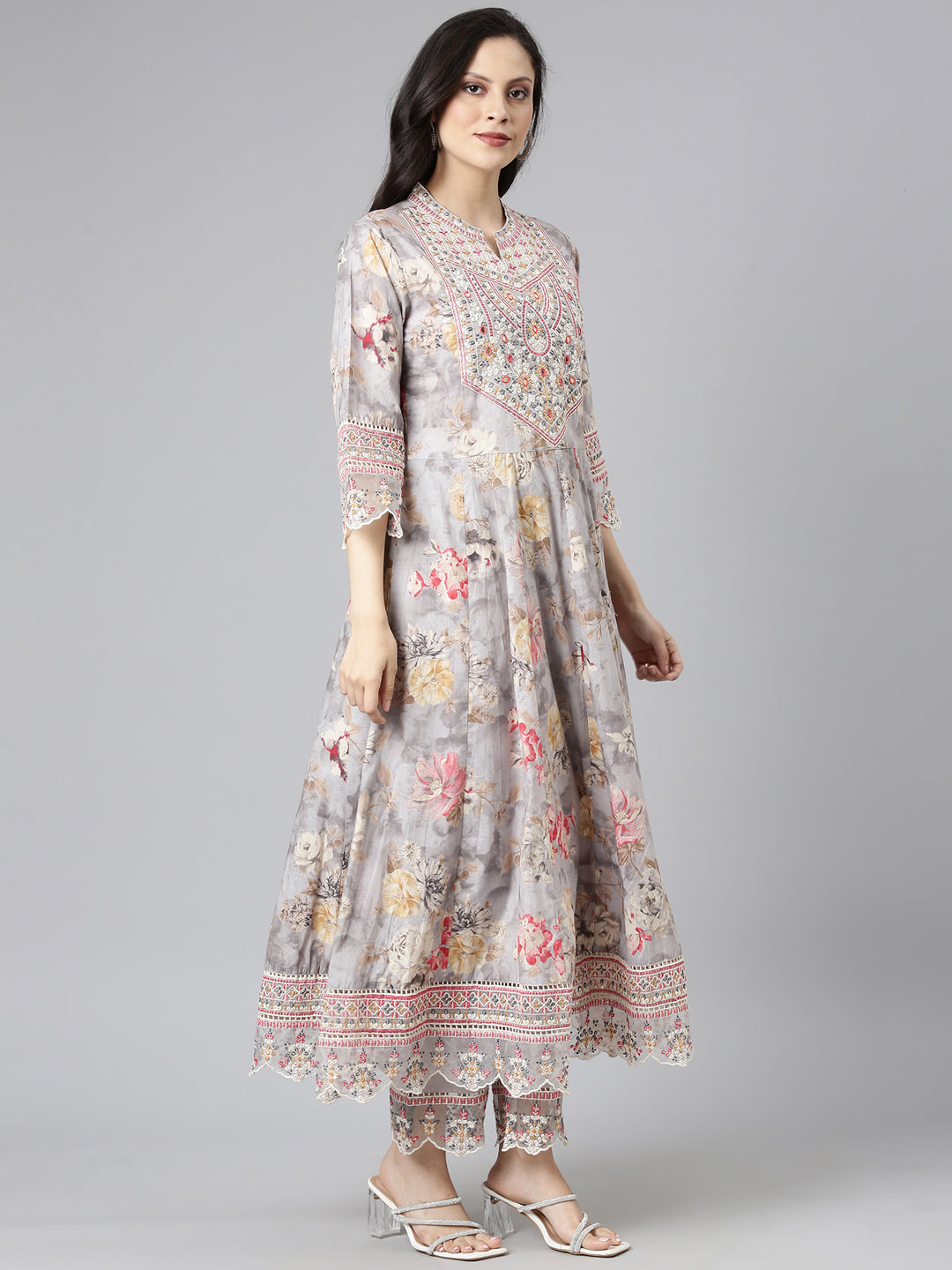 Neerus Grey cotton embroidered anarkali suit set - back view