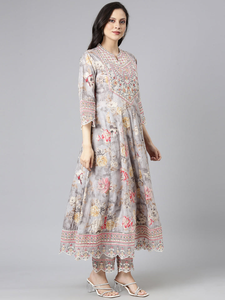 Neerus Grey cotton embroidered anarkali suit set - back view