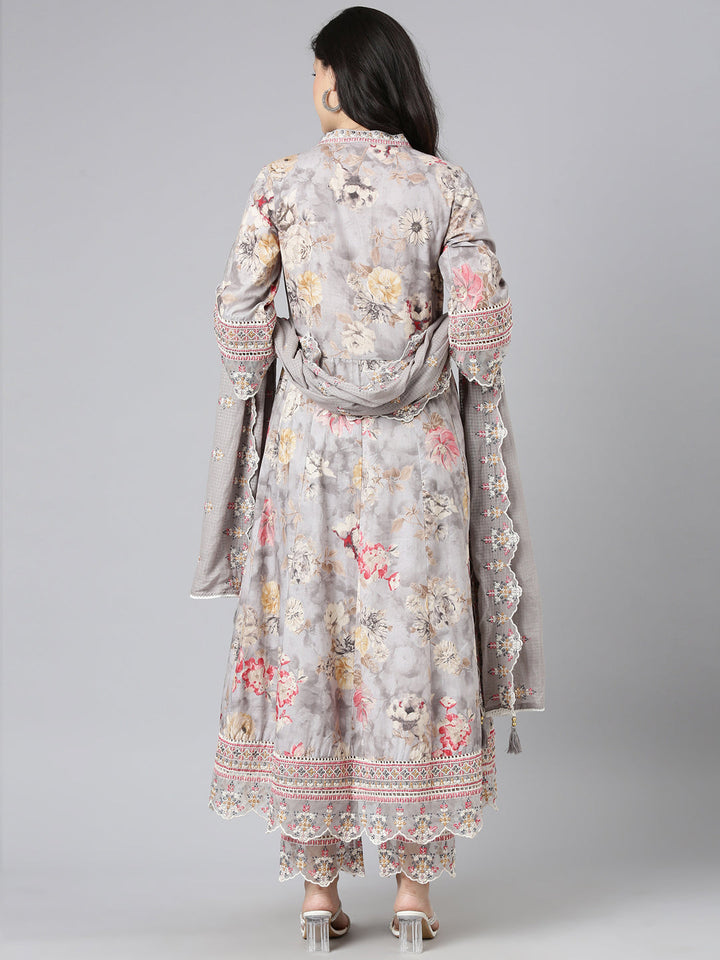 Neerus Grey cotton embroidered anarkali suit set - side view