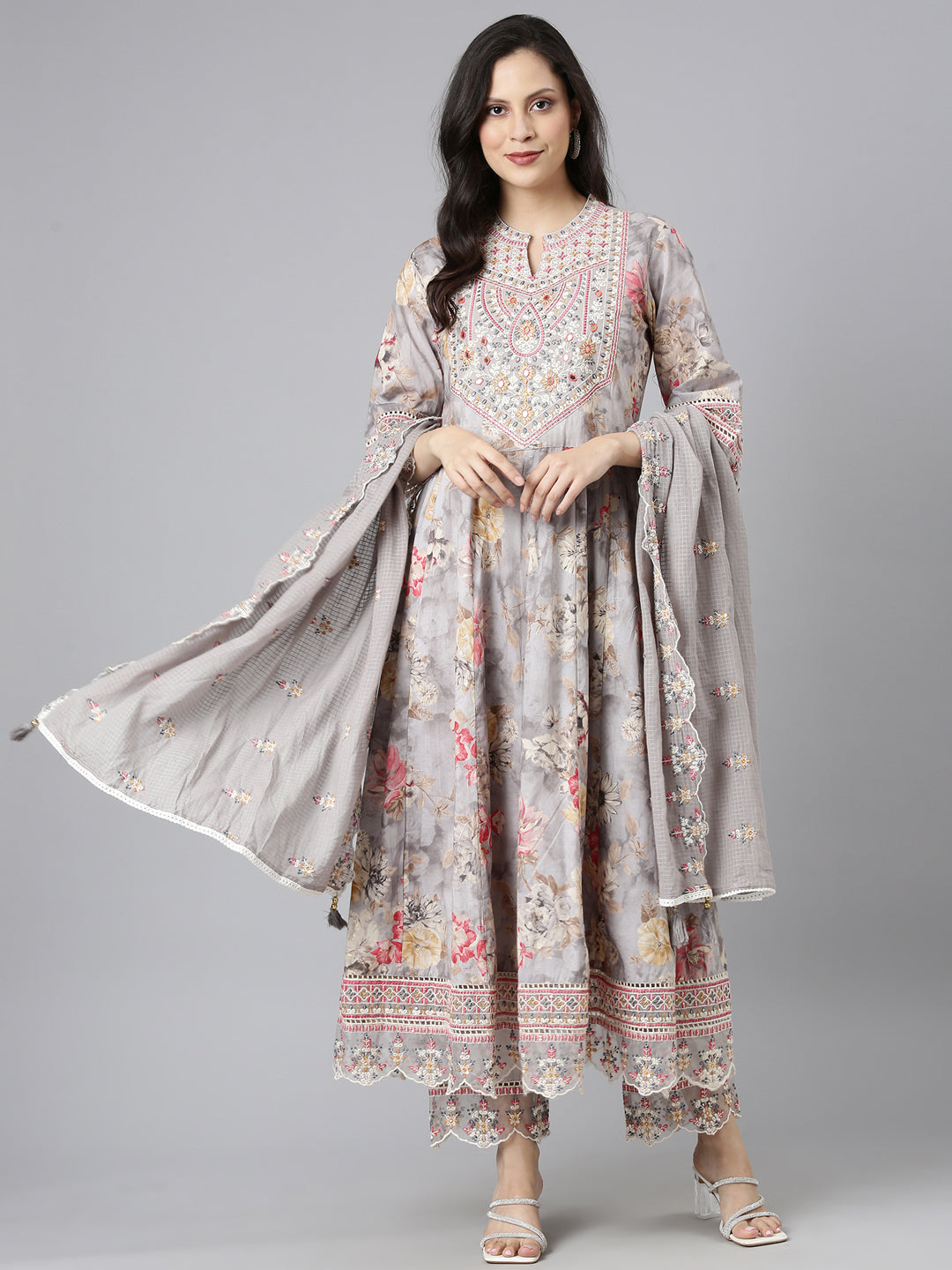Neerus Grey cotton embroidered anarkali suit set - detail view 2