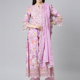 Neerus Lavender Embroidered Anarkali Kurta and Trousers With Dupatta