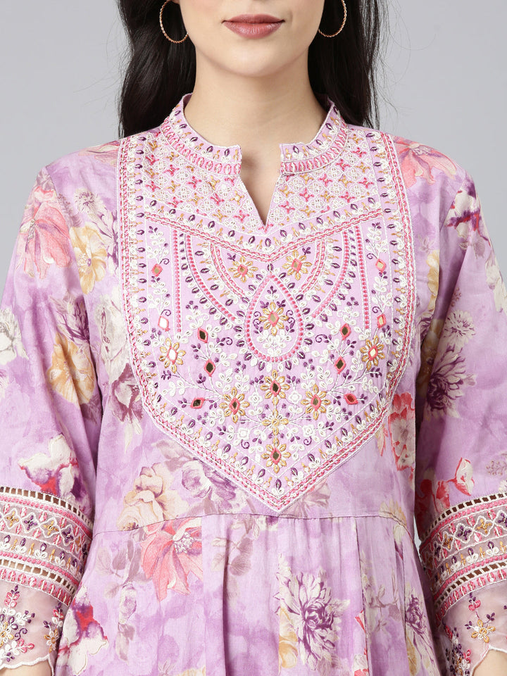 Neerus Lavender Embroidered Anarkali Kurta and Trousers With Dupatta
