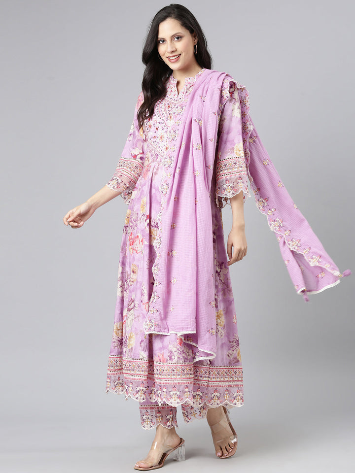 Neerus Lavender Embroidered Anarkali Kurta and Trousers With Dupatta