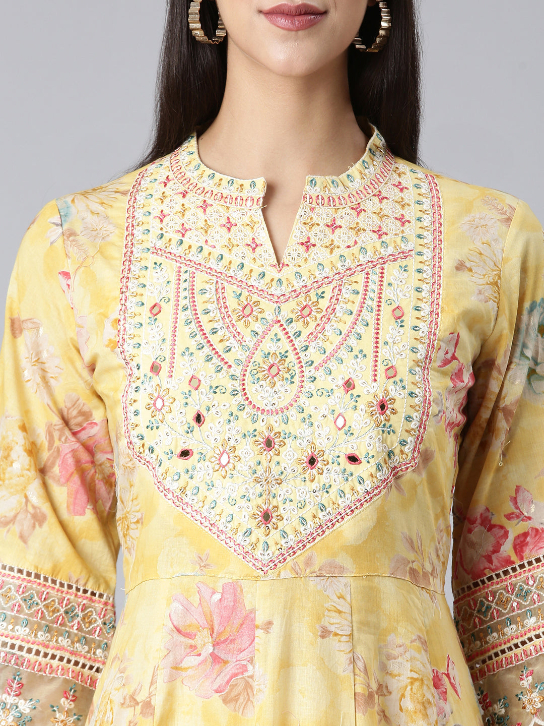 Neerus Yellow cotton embroidered anarkali suit set - detail view 1