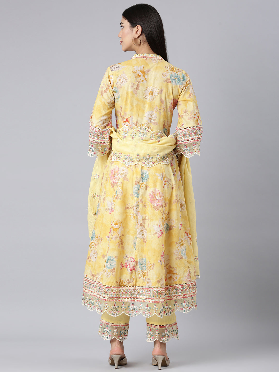 Neerus Yellow cotton embroidered anarkali suit set - side view