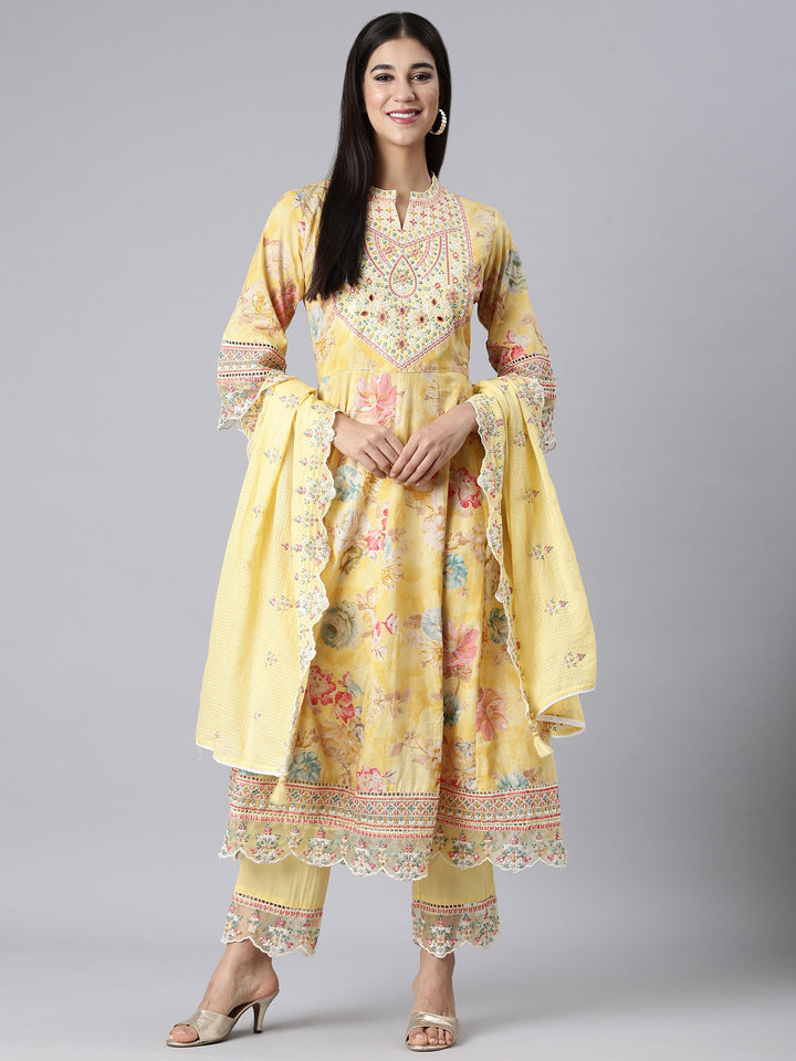 Neerus Yellow cotton embroidered anarkali suit set - detail view 2