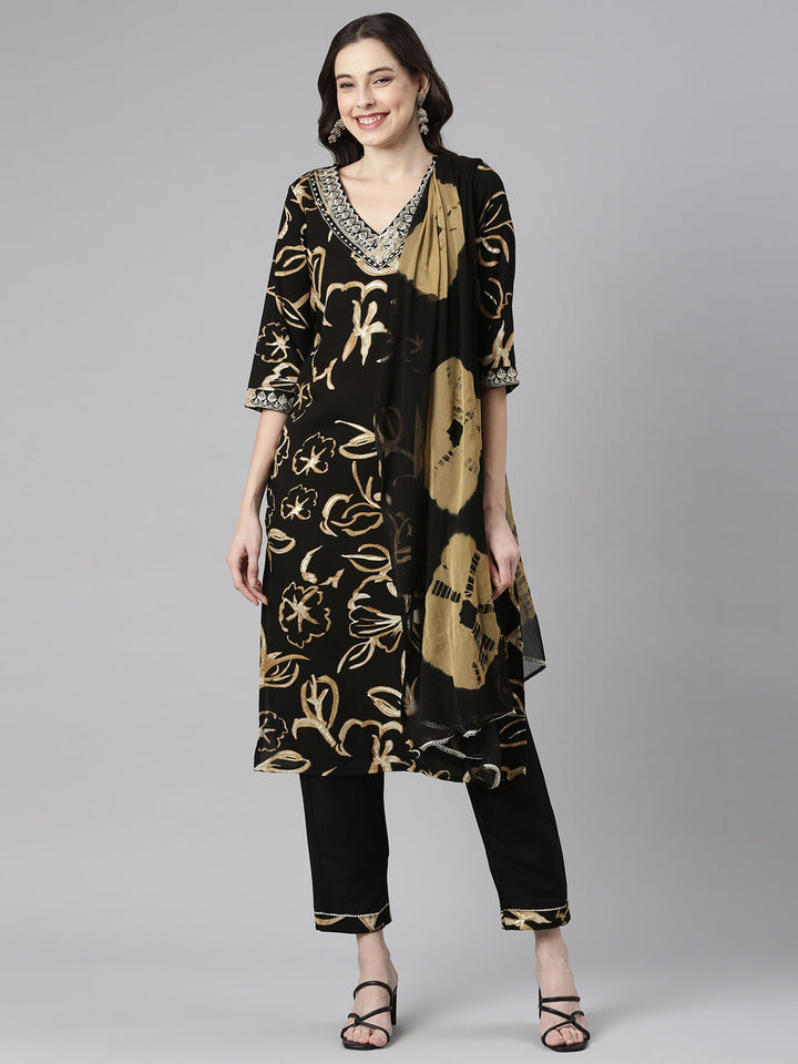 Neerus Black Printed Straight Kurta and Trousers With Dupatta