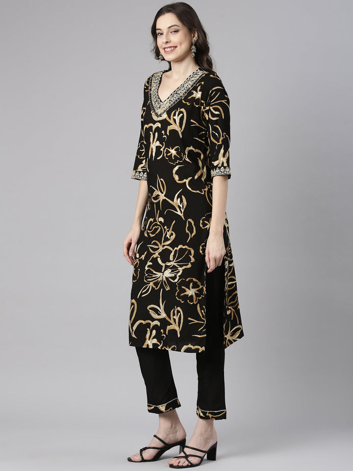 Neerus Black Printed Straight Kurta and Trousers With Dupatta