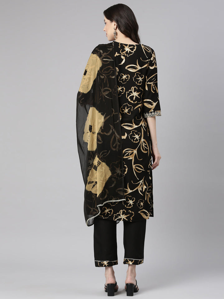 Neerus Black Printed Straight Kurta and Trousers With Dupatta
