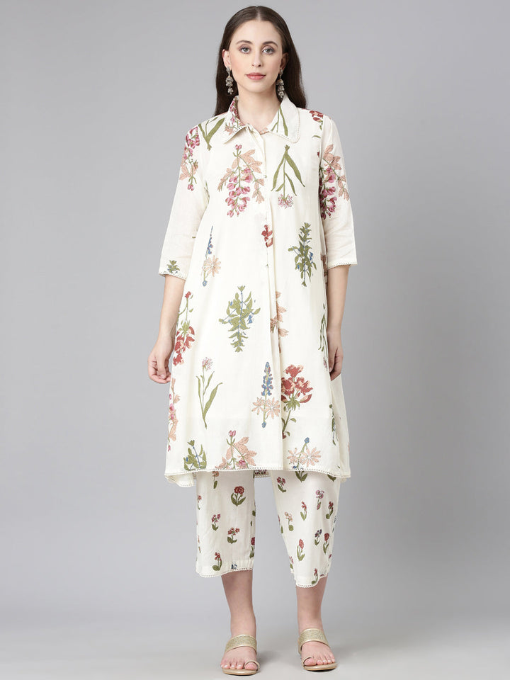 Neerus Cream Printed Straight Kurta and Trousers