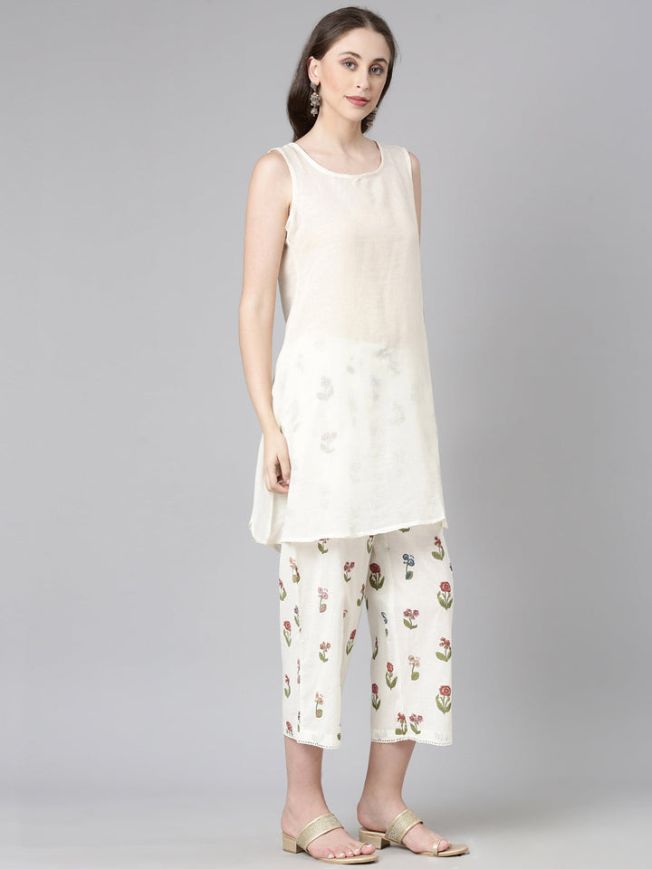 Neerus Cream Printed Straight Kurta and Trousers