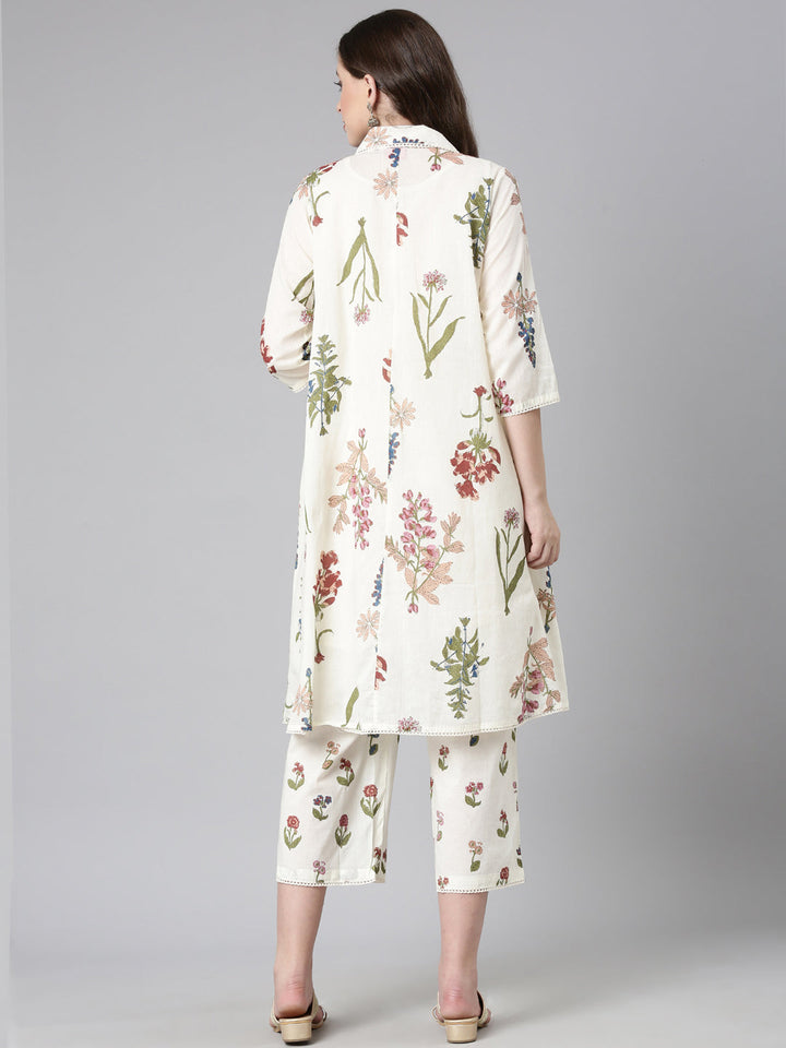Neerus Cream Printed Straight Kurta and Trousers