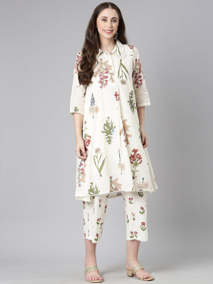 Neerus Cream Printed Straight Kurta and Trousers