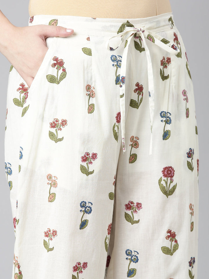 Neerus Cream Printed Straight Kurta and Trousers