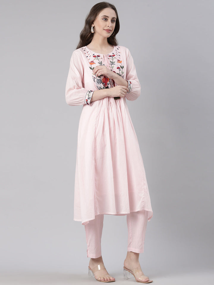 Neerus Pink Solid Straight Kurta and Trousers