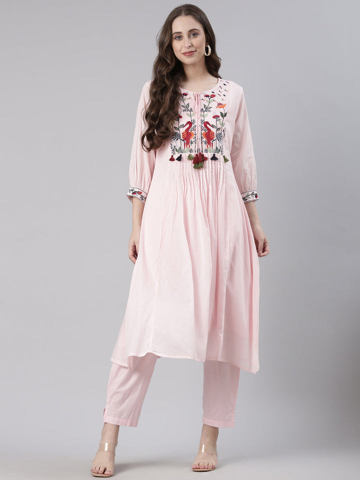 Neerus Pink Solid Straight Kurta and Trousers