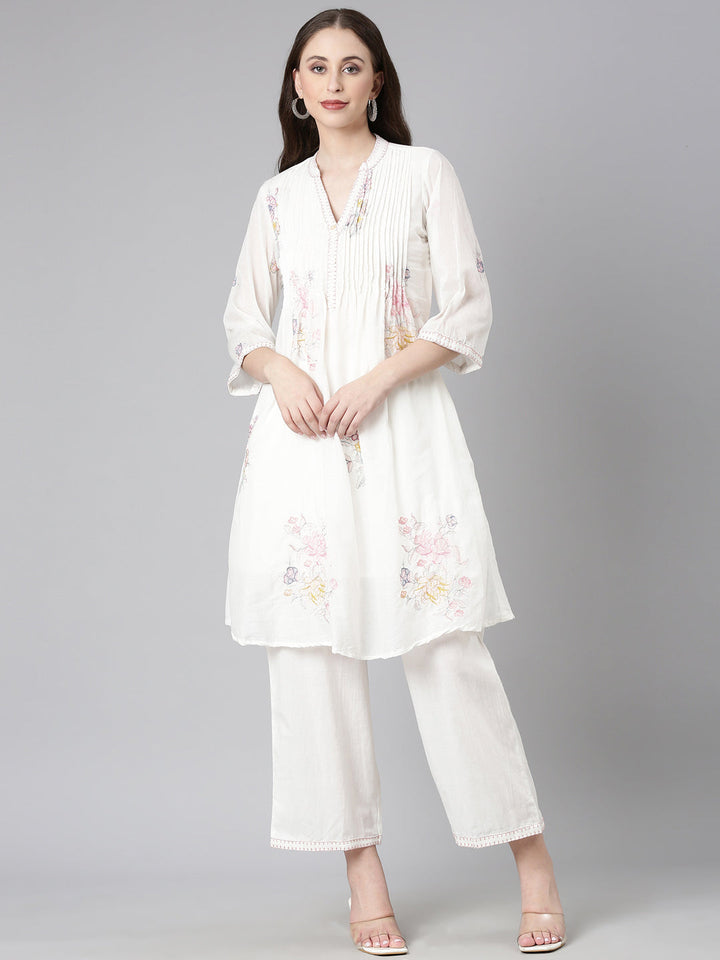 Neerus White Printed A-Line Kurta and Trousers