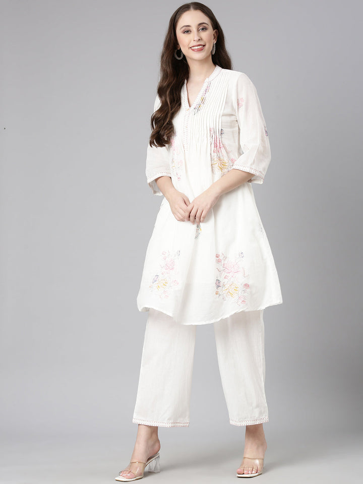 Neerus White Printed A-Line Kurta and Trousers