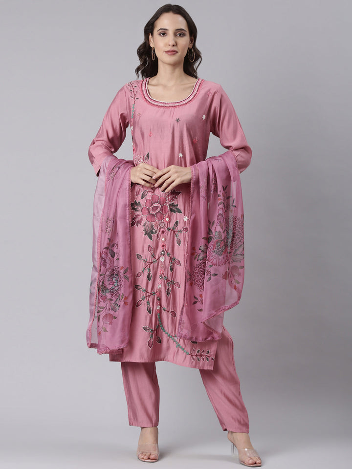 Onion Pink Silk Print With Embroidery Three Piece Set