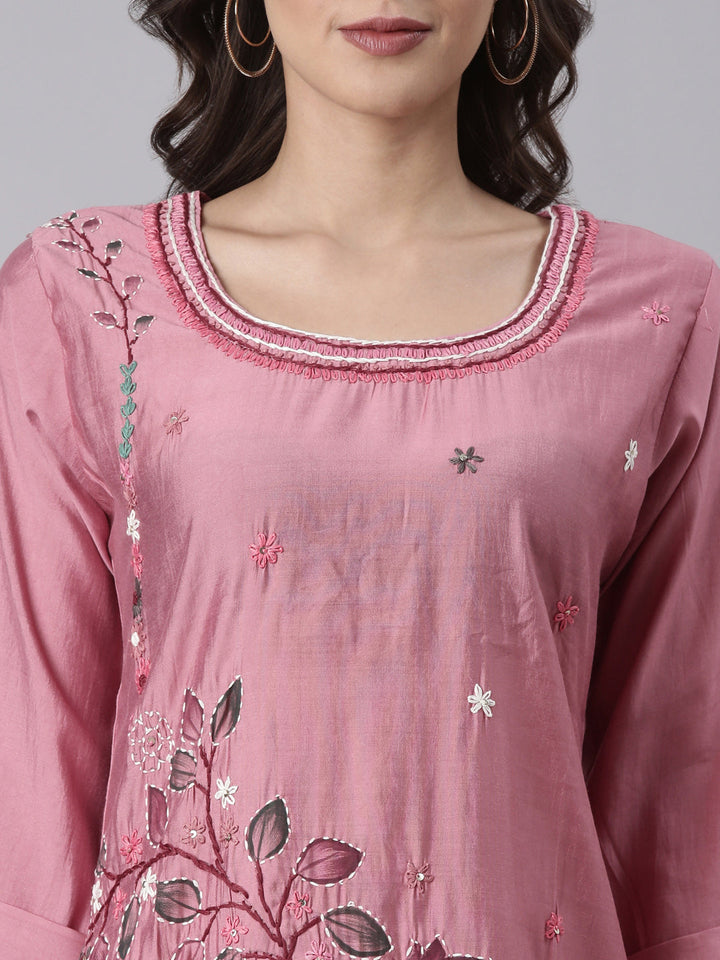 Onion Pink Silk Print With Embroidery Three Piece Set