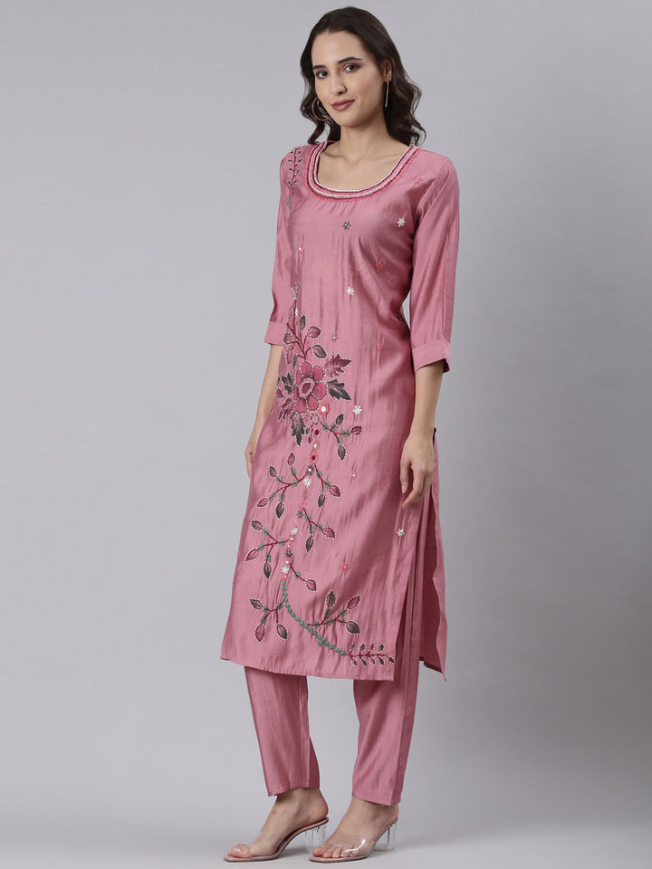 Onion Pink Silk Print With Embroidery Three Piece Set