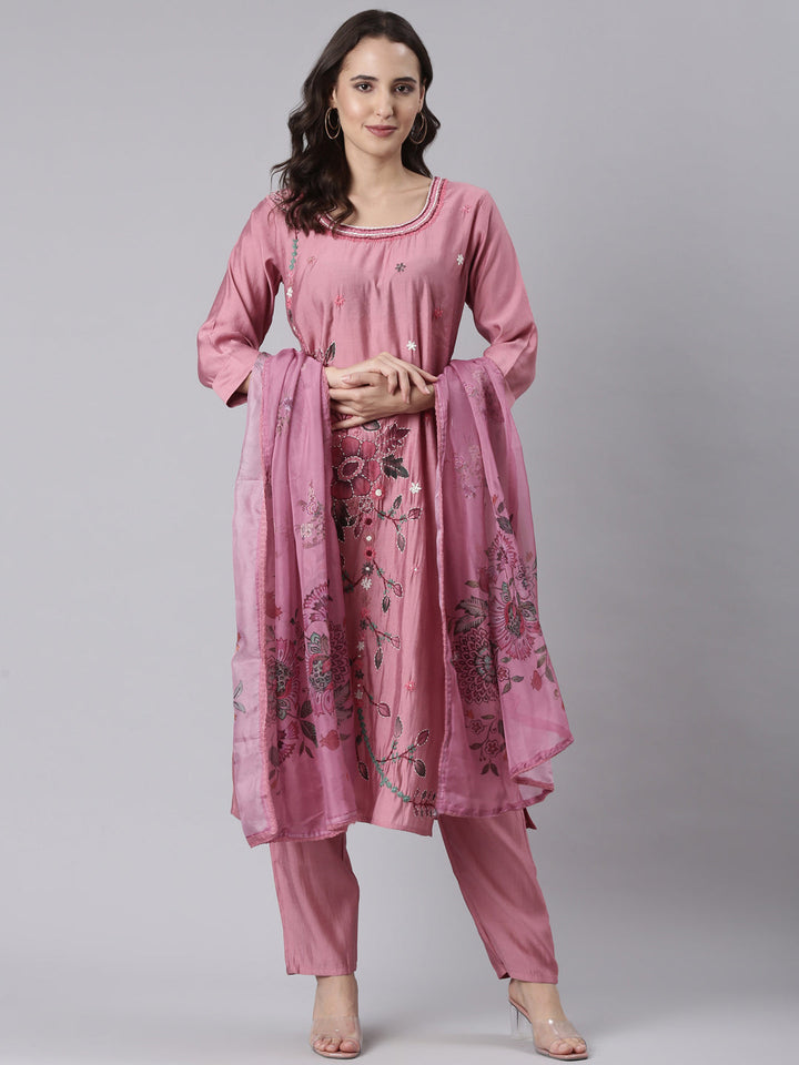 Onion Pink Silk Print With Embroidery Three Piece Set