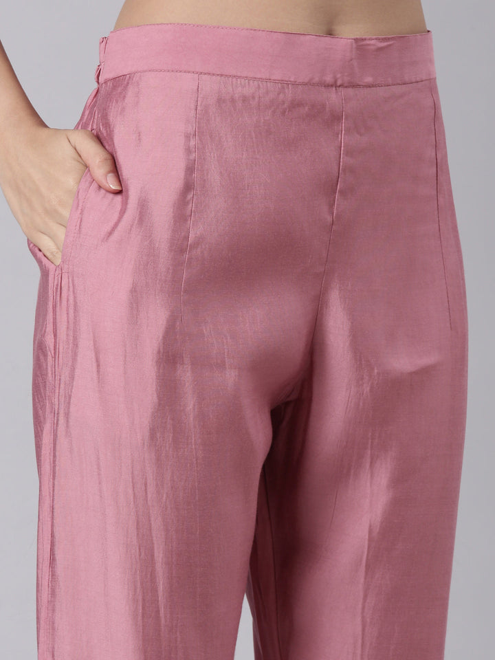 Onion Pink Silk Print With Embroidery Three Piece Set