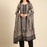 Beige and black printed embroidered three piece suit set