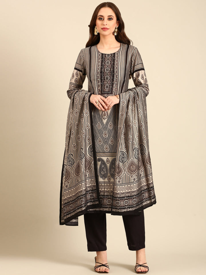 Neerus Beige muslin embellished printed suit set - front view