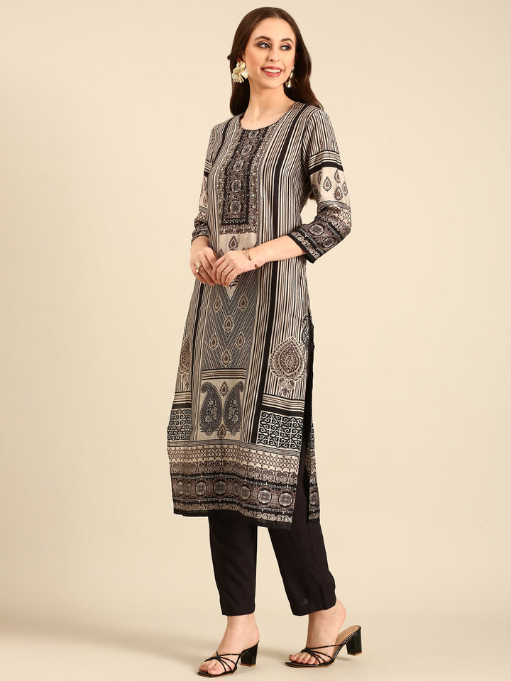 Beige and black printed embroidered three piece suit set