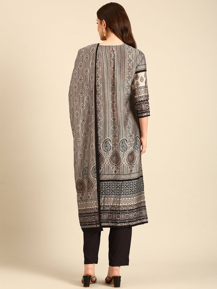 Beige and black printed embroidered three piece suit set