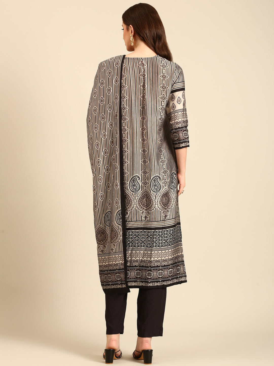 Neerus Beige muslin embellished printed suit set - side view