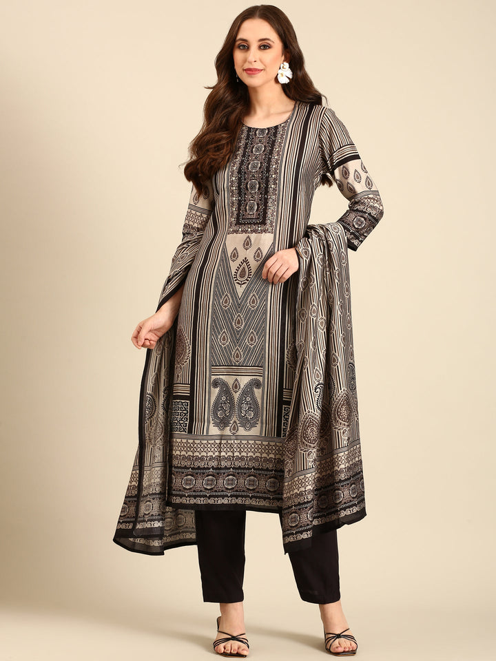 Neerus Beige muslin embellished printed suit set - detail view 2