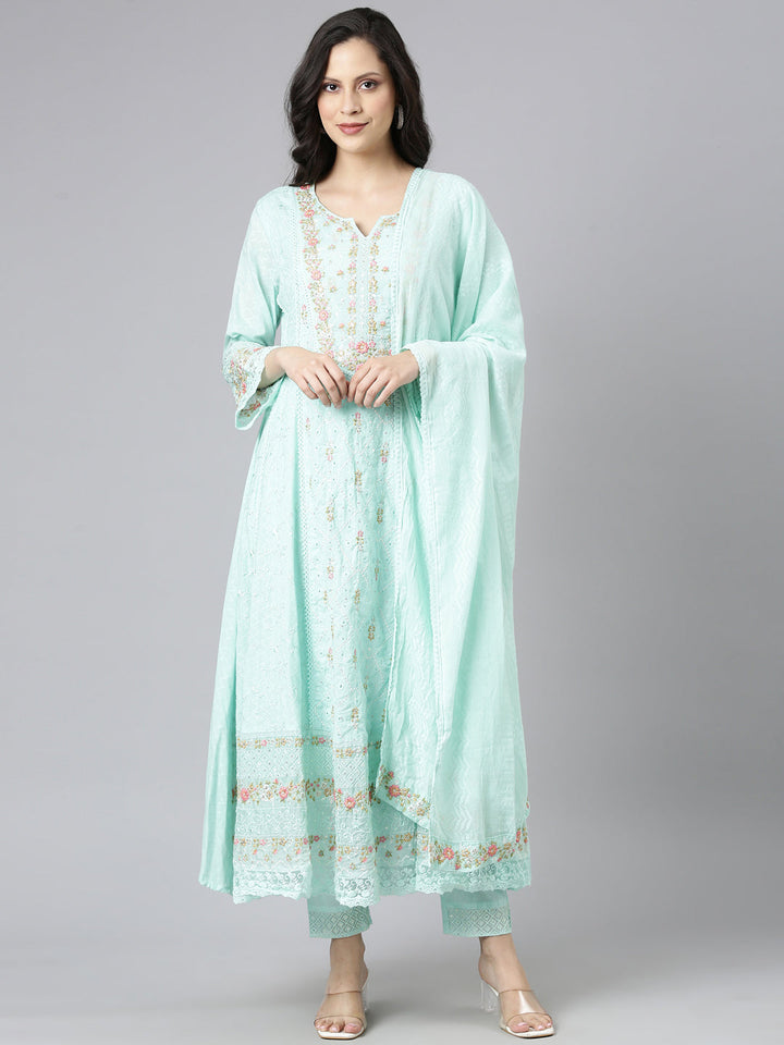 Neerus Sea Green Yoke Design Anarkali Kurta and Trousers With Dupatta