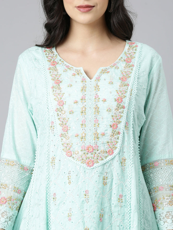 Neerus Sea Green Yoke Design Anarkali Kurta and Trousers With Dupatta